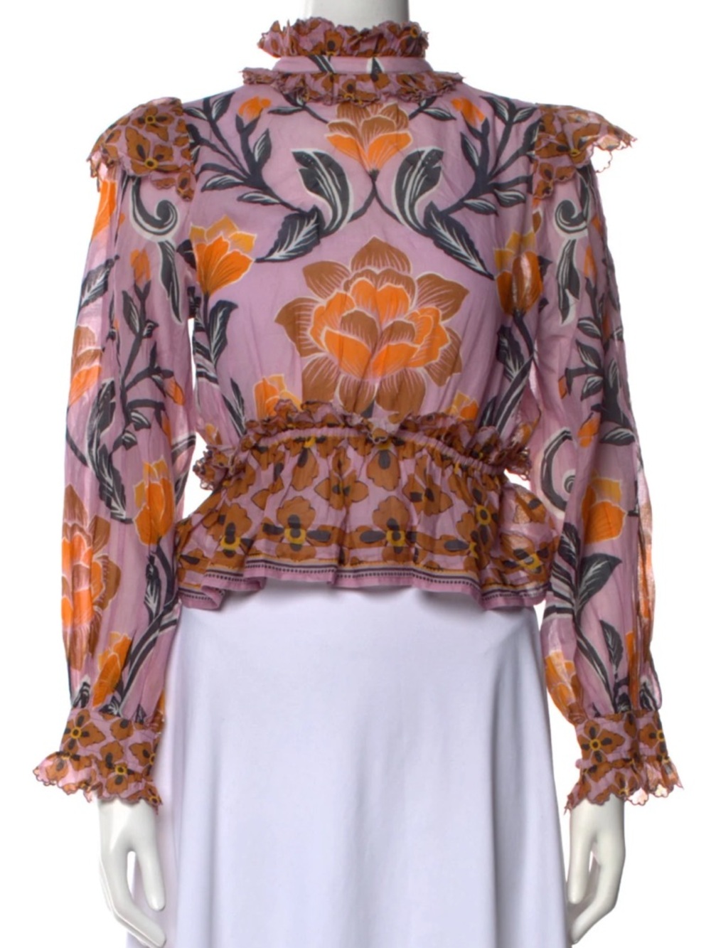 FARM Rio Pink Floral Mock-Neck Blouse with Orange Bloom Print